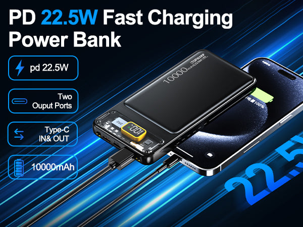 10000mAh Fast Charging Power Bank 22.5W PD – Portable Charger with Type-C In/Out & Dual Output Ports