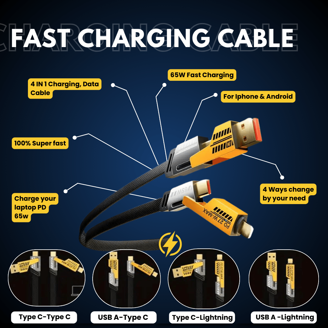 4 in 1 Fast Charging Cable – Multi USB Cable for iPhone, Android, Type C & Micro USB | Fast Charge Data Cable