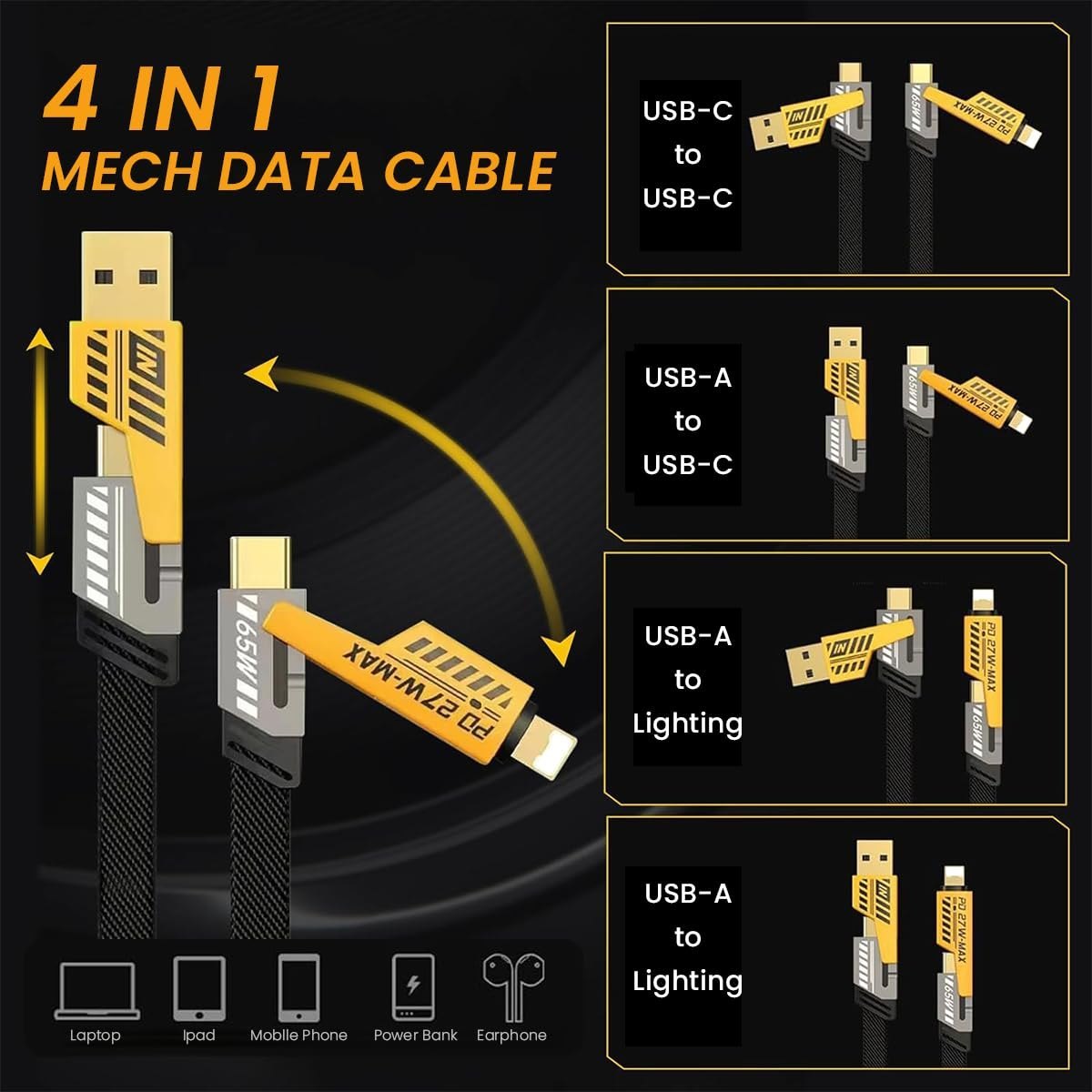 4 in 1 Fast Charging Cable – Multi USB Cable for iPhone, Android, Type C & Micro USB | Fast Charge Data Cable
