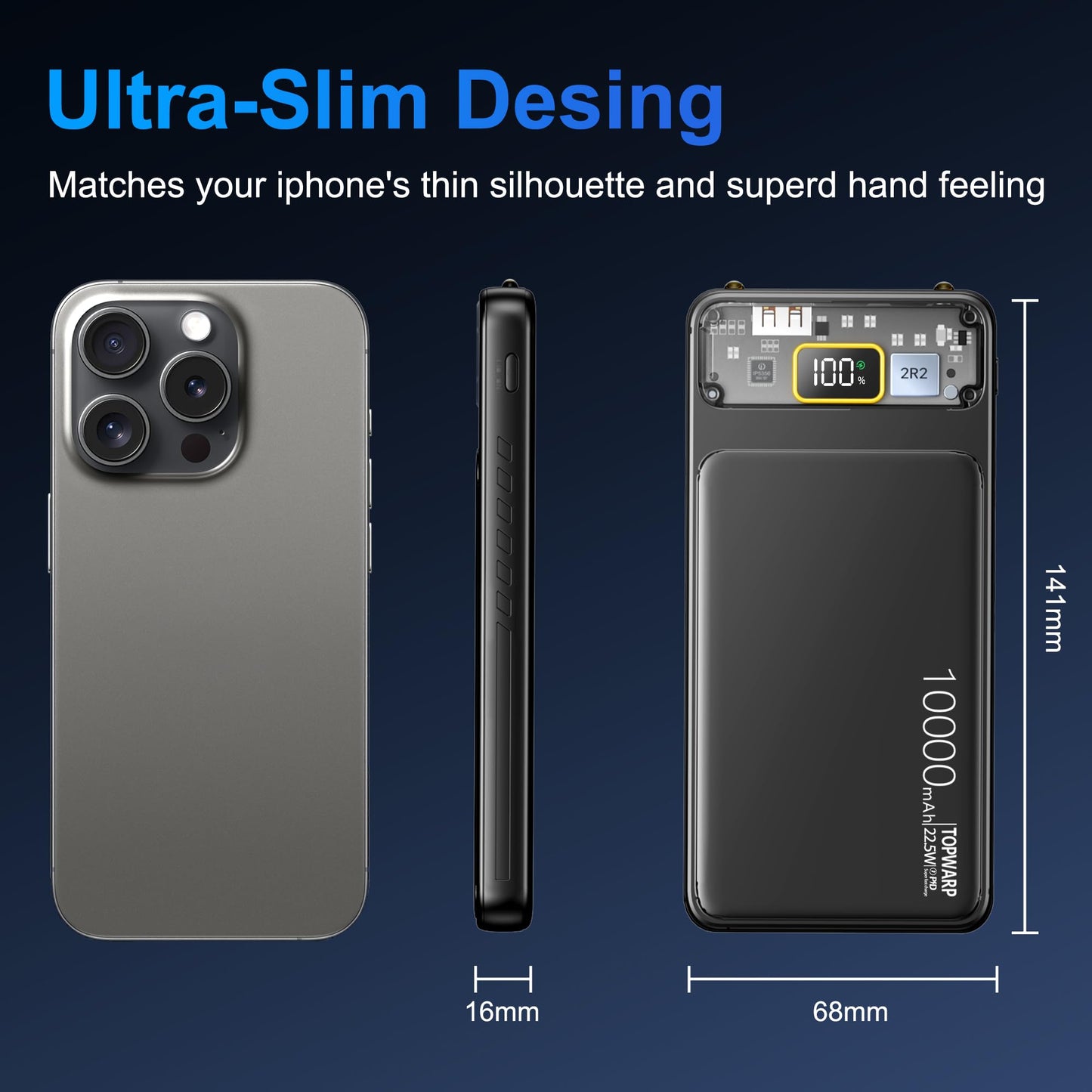10000mAh Fast Charging Power Bank 22.5W PD – Portable Charger with Type-C In/Out & Dual Output Ports